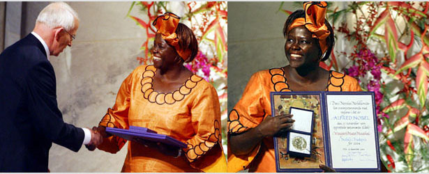 Wangari Maathai accepting her Nobel Peace Prize. 